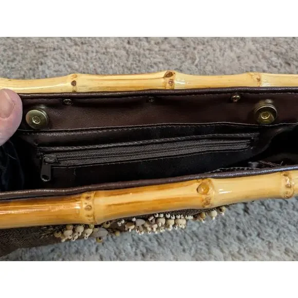 Vintg Boho Beaded Brown Fabric Clutch Bamboo Cane Handles Floral Earthy Hippie - Picture 3 of 6